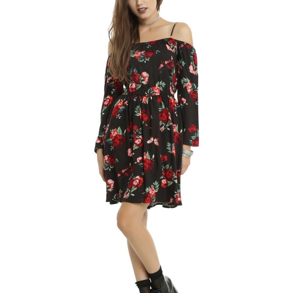 Hot Topic Black Floral Cold Shoulder Dress